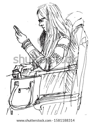 Simple hand drawn black and white trendy line portrait art  sitting Woman 