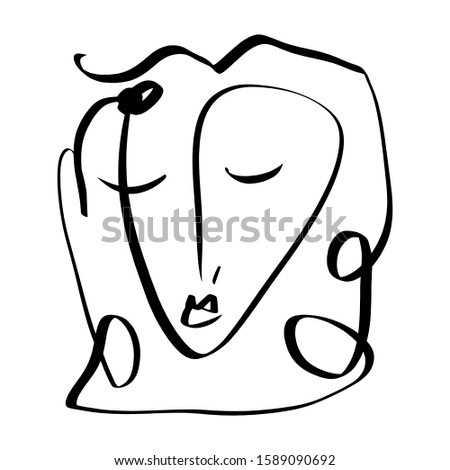 Simple hand drawn black and white trendy line portrait face art. Abstract composition. Monochrome print for clothes, textile, posters and other. Vector illustration