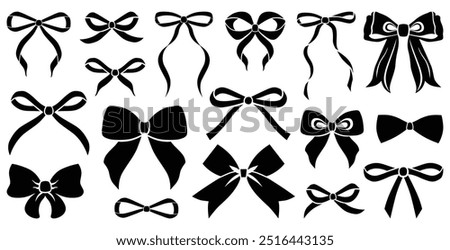 Simple hand drawn black and white ribbon bow collection. Bowknot for decoration, big set of bowtie. Large retro handdrawn ribbon illustration set. Set of various cartoon bow knots, gift ribbons.