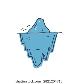 A simple hand drawn blue doodle of an iceberg showing the portion above and below the water line on a white background