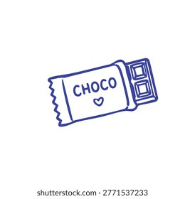 A simple hand drawn blue outline sketch of a chocolate bar partially out of its packaging with the word Choco and a heart symbol