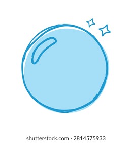 A simple hand drawn blue soap bubble with sparkle highlights on a white background.