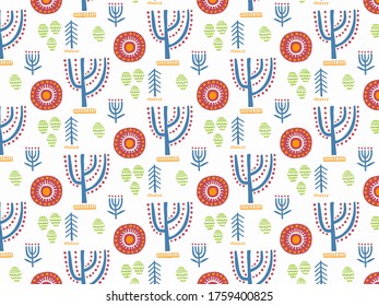 Simple hand drawn botanical surface pattern. Doodle abstract drawing. Bright multicolored sun, fir-trees, cones and bare isolated blue trees with flowers and fruits on a white background.