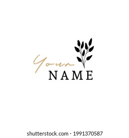 Simple hand drawn branch with leaves. Botanicals, herbs. Vector floral logo template. Elegant illustration for branding and business identity.