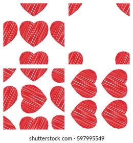 Simple hand drawn by pen res valentine hearts pattern. Empty seamless design texture. EPS10 vector background.