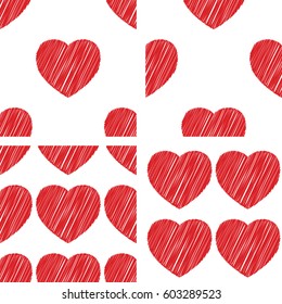 Simple hand drawn by pen res valentine hearts pattern. Empty seamless design texture. EPS10 vector background.