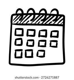 Simple hand drawn calendar icon in doodle style, black and white line art illustration. Minimal sketch calendar symbol representing schedule, date, planning, reminder, event management, and time organization. Perfect for web design, app UI, planner, business concept, education, and infographic use.