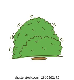 A simple hand drawn cartoon style green shrub or bush with curved motion lines around it indicating movement or shaking