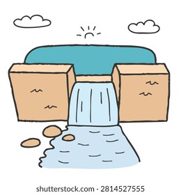A simple hand drawn cartoon style illustration of a concrete dam structure with water flowing over it into a stream below with clouds and sun above