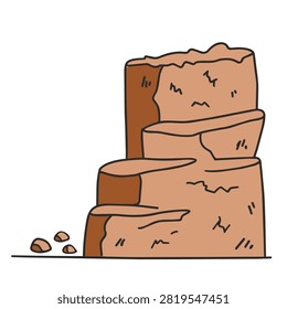 A simple hand drawn cartoon style illustration of a stacked layered brown rock formation on a flat surface with small pebbles.
