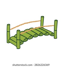 A simple hand drawn cartoon style illustration of a small wooden bamboo footbridge with rope railings on a white background