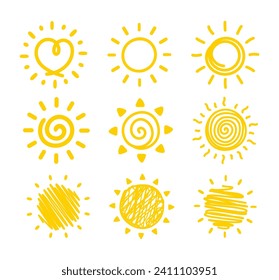 Simple hand drawn cartoon sun. morning weather decorative elements for children