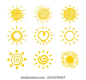 Simple hand drawn cartoon sun. morning weather decorative elements for children