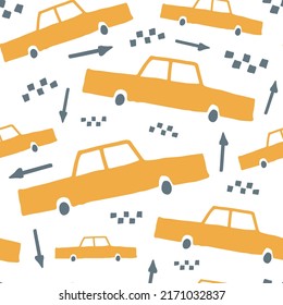 Simple hand drawn cartoon taxi seamless pattern. Cute yellow car vector illustration with groung transportation symbol, arrow. Funny kids background, textile, wrapping paper, toy packaging