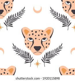 Simple hand drawn cheetah heads and plants seamless pattern. Flat mystic animal, leaves, moon. Doodle boho leopard texture for textile, fabric, paper. Nature, wildlife concept. Black and orange