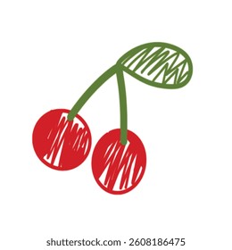 Simple Hand Drawn Cherry Illustration with Leaf – Red Fruit Clipart