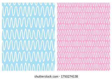 Simple Hand Drawn Chevron Seamless Vector Patterns. 2 Various Size of Chevron Print. Blue and Pink Zig Zag Vector Template. White Scribbles on a Blue Background. White Dabs on a Pink Backdrop.