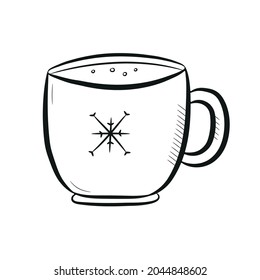 Simple hand drawn christmas mug with snowflake. Doodle style. Vector illustration isolated on a white background.