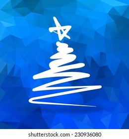 Simple hand drawn Christmas tree with blue polygonal background 