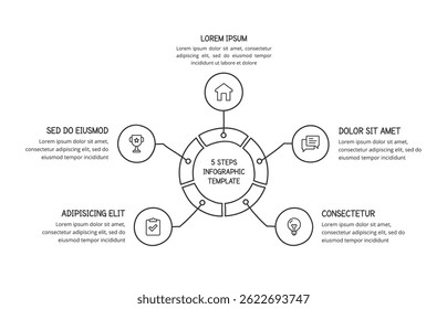 Plantilla de diagrama circular dibujado a mano simple con cinco Elementos, infografías de doodle, ilustración de Vector eps10