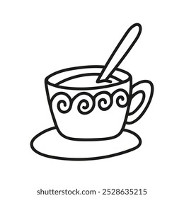 Simple hand drawn coffee cup with small spoon. Kitchen utensils doodle illustration