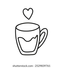 Simple hand drawn coffee cup or tea with heart. Beverage doodle illustration