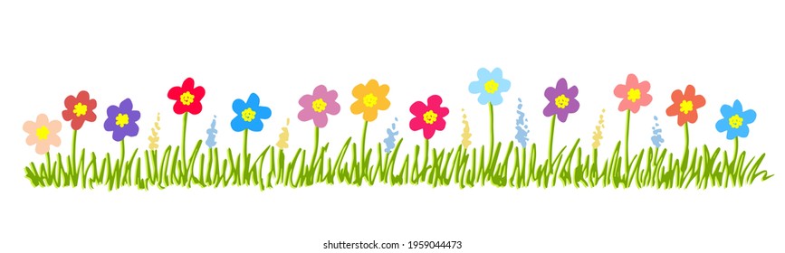 Simple hand drawn color
vector drawing. Long floral banner, bright wild flowers chamomile, inflorescences, grass. Border banner for spring summer seasonal design. For birthday decor, postcard, holiday