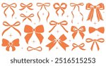 Simple hand drawn colorful ribbon bow collection. Bowknot for decoration, big set of bowtie. Large retro handdrawn ribbon illustration set. Set of various cartoon bow knots, gift ribbons. Orange color