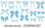 Simple hand drawn colorful ribbon bow collection. Bowknot for decoration, big set of bowtie. Large retro handdrawn ribbon illustration set. Set of various cartoon bow knots, gift ribbons. Blue color