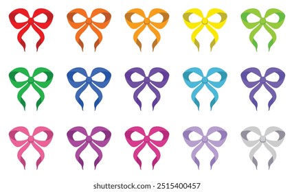 Simple hand drawn colorful ribbon bow collection. Bowknot for decoration, big set of bowtie. Large retro handdrawn ribbon illustration set. Set of various cartoon bow knots, gift ribbons. Multicolored