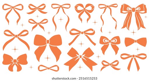 Simple hand drawn colorful ribbon bow collection. Bowknot for decoration, big set of bowtie. Large retro handdrawn ribbon illustration set. Set of various cartoon bow knots, gift ribbons. Orange color