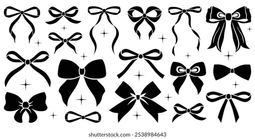 Simple hand drawn colorful ribbon bow collection. Bowknot for decoration, big set of bowtie. Large retro handdrawn ribbon illustration set. Set of various cartoon bow knots, gift ribbons. Black color