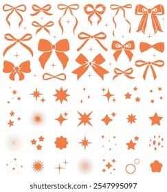 Colección de lazo de cinta colorida dibujada a mano simple. Bowknot para la decoración, gran conjunto de pajarita. Grande conjunto de ilustración de cinta dibujada a mano retro. Colección de iconos de destello retro. Conjunto de Formas estrella. Naranja