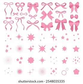 Simple hand drawn colorful ribbon bow collection. Bowknot for decoration, big set of bowtie. Large retro handdrawn ribbon illustration set. Retro sparkle icons collection. Set of star shapes. Pink set