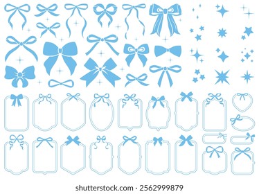 Simple hand drawn colorful ribbon bow collection. Bowknot for decoration, big set of bowtie. Large retro handdrawn ribbon illustration set. Set of various cartoon bow knots, gift ribbons. Blue color