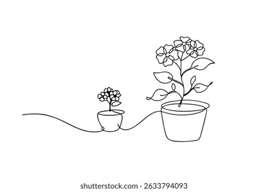 Simple hand drawn continuous line art of two potted hydrangea flowers on white background