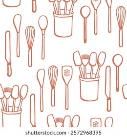 Simple hand drawn cooking utensils seamless pattern