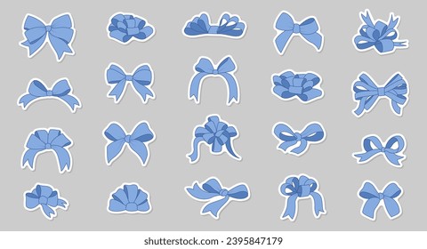 Simple hand drawn coquette bows ribbon bow collection. Blue bow. Bowknot for decoration, big set of bowtie.