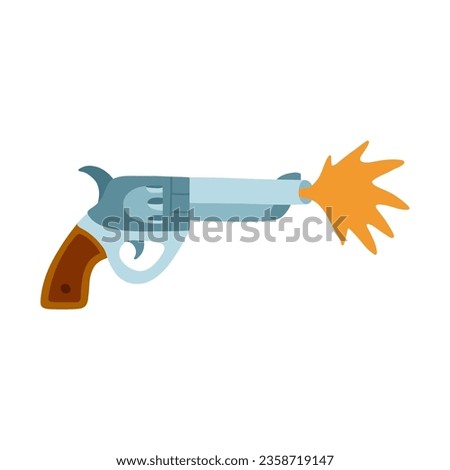 Simple hand drawn cowboy gun with bang sign in cartoon style. Magnum revolver for Wild West concept, police officer ammunition or military weapon. Cute vector clipart of pistol, handgun isolated