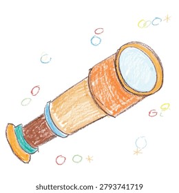 A simple hand drawn crayon illustration of a vintage style telescope isolated on a white background with colorful decorative circles around it