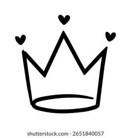 Simples, coroa desenhada à mão adornada com corações, simbolizando amor, realeza e afeto, perfeito para projetos de design relacionados com romance, celebrações e liderança