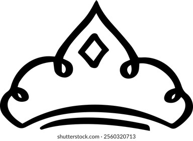 Simple, hand drawn crown featuring a diamond shaped centerpiece and elegant swirls, symbolizing royalty, power, and authority in a minimalist style