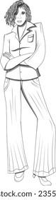 Simple Hand drawn Curly Girl Posing with crossed Arms Vector Illustration, Young Lady With Curled Hair Drawing