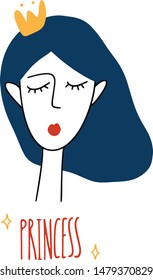 Simple hand drawn cute portrait of a girl with a crown. Princess hand lettering. Minimalist art, print for clothes, textiles etc. Vector illustration