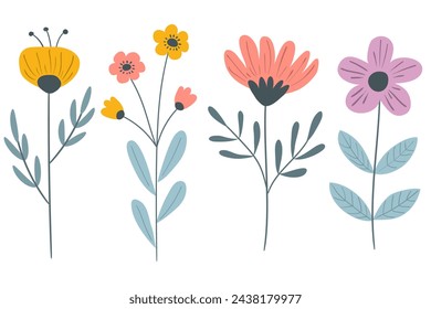 Simple dibujado a mano, lindas flores vectoriales, aisladas sobre un fondo blanco.