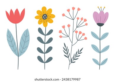 Simple hand drawn, cute vector flowers, isolated on a white background.