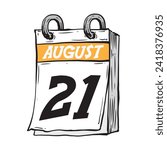 Simple hand drawn daily calendar for August line art vector illustration date 21, August 21st