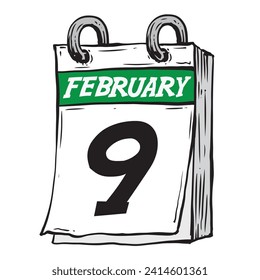 Simple hand drawn daily calendar for February line art vector illustration date 9, February 9th