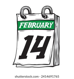 Simple hand drawn daily calendar for February line art vector illustration date 14, February 14th