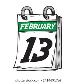 Simple hand drawn daily calendar for February line art vector illustration date 13, February 13th